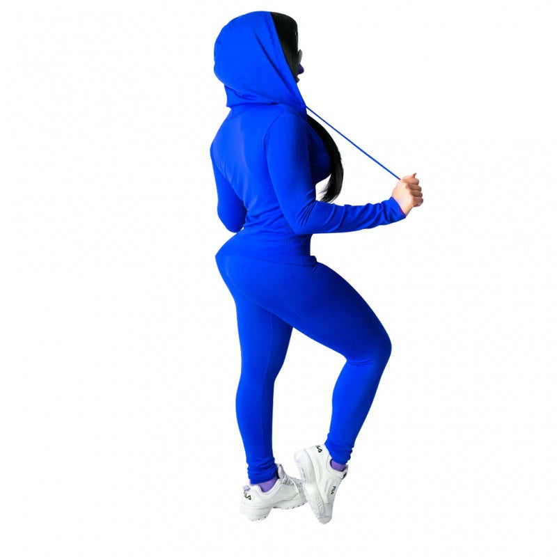 Damen sportliches Zweiteiler-Set mit Kapuzenjacke und enganliegenden Hosen Drune