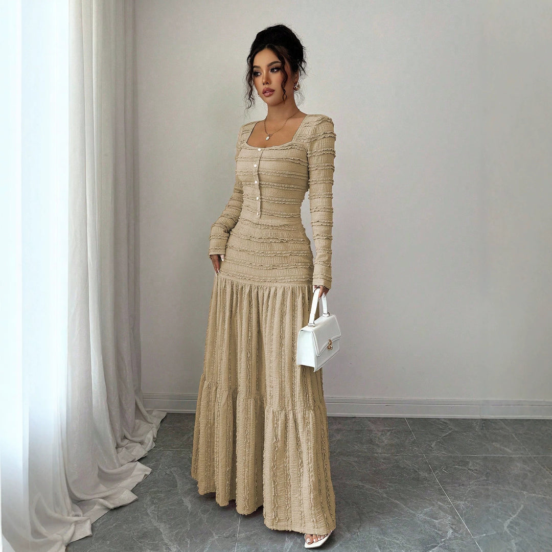 Damen Figurbetontes strukturiertes Maxikleid mit quadratischem Ausschnitt und Knopfleiste Drune