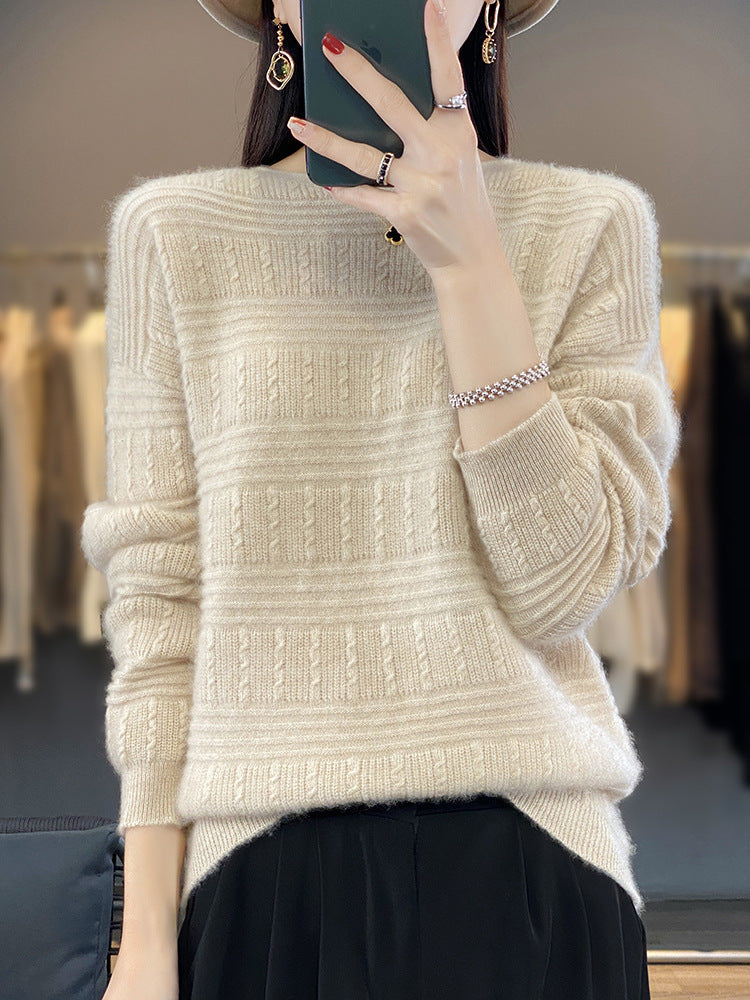 Damen Oversize-Feinstrickpullover mit Strukturblöcken, Mohair‑Look und Rundhalsausschnitt Drune