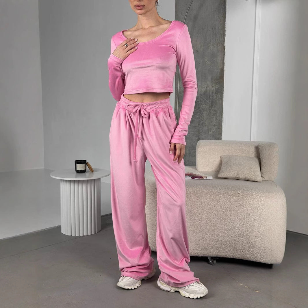 Damen samtiges bauchfreies Langarm-Crop-Top mit weitem Rundhalsausschnitt Drune