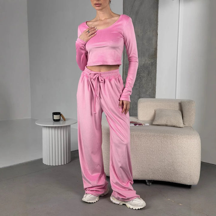 Damen samtiges bauchfreies Langarm-Crop-Top mit weitem Rundhalsausschnitt Drune