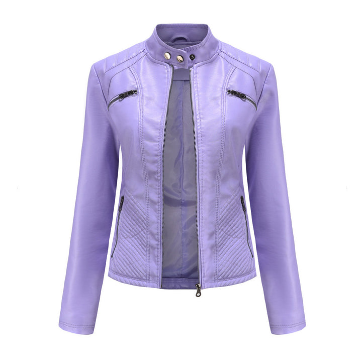 Damen nan taillierte Bikerjacke aus Kunstleder mit Stepppaneelen und Stehkragen Drune