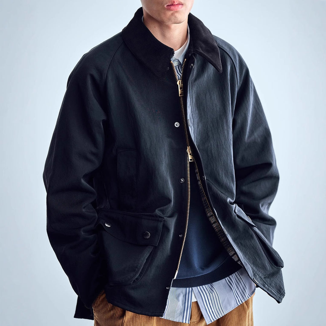 Herren Utility-Fieldjacke aus gewachstem Baumwollmix mit Cordkragen Drune