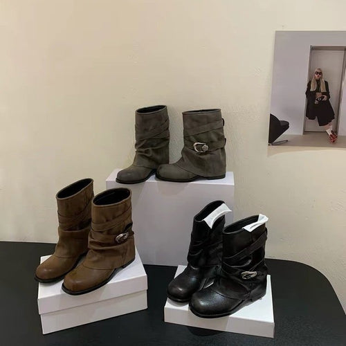Damen Modische Stiefel mit Dekorativem Riemen Drune