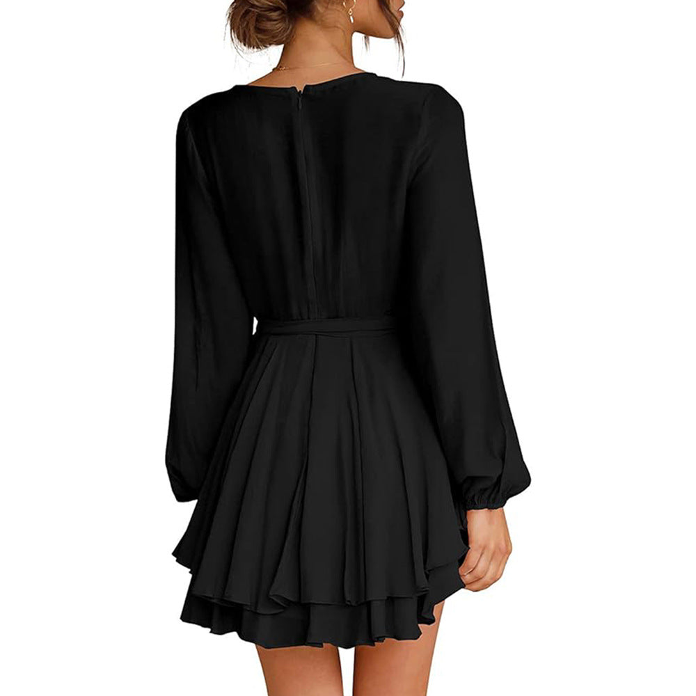 Damen gerafftes Wickelkleid mit tiefem V-Ausschnitt stufigem Volantrock und Bindegürtel Drune