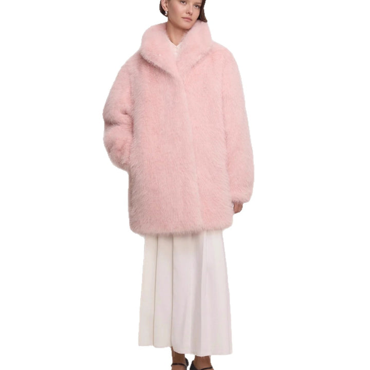 Damen Midilanger flauschiger Teddy-Kunstpelz‑Mantel mit stehendem Schalkragen Drune