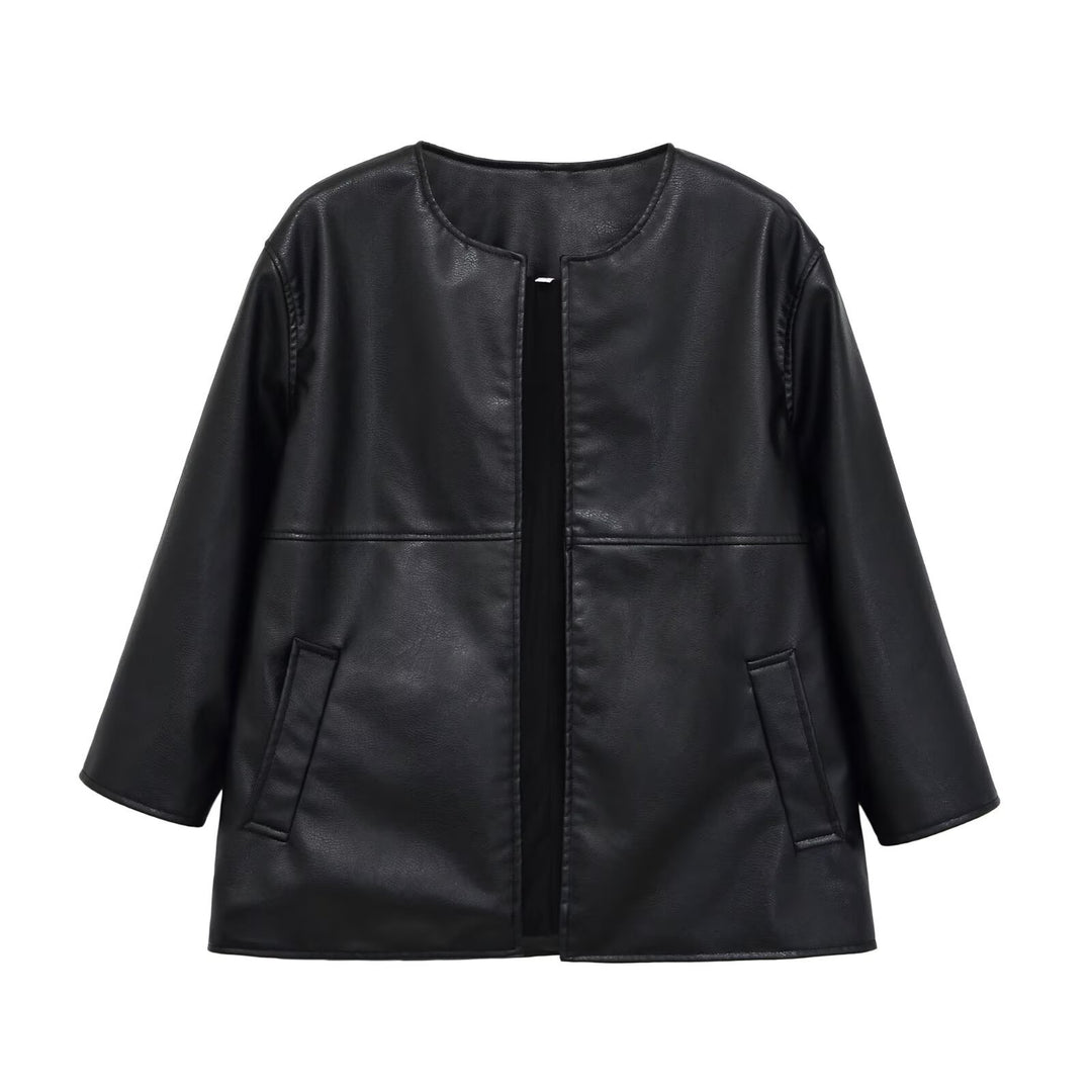 Damen kragenlose Oversize-Kunstlederjacke mit Rundhalsausschnitt Drune