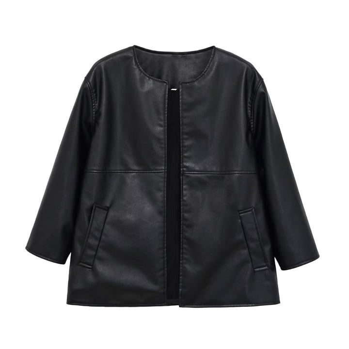 Damen kragenlose Oversize-Kunstlederjacke mit Rundhalsausschnitt Drune
