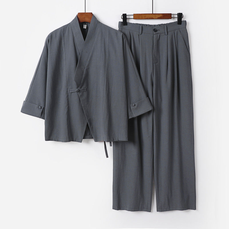 Herren Modernes Zen-Loungewear-Set aus Leichtem Material mit Kurz-Kimono und tailliert-zulaufender Bundhose Drune