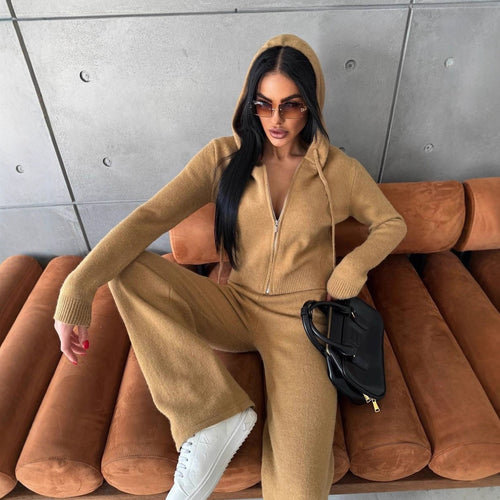 Damen Feinstrick-Loungewear-Set mit taillierter Kapuzenzipjacke und weiter Palazzo-Hose Drune