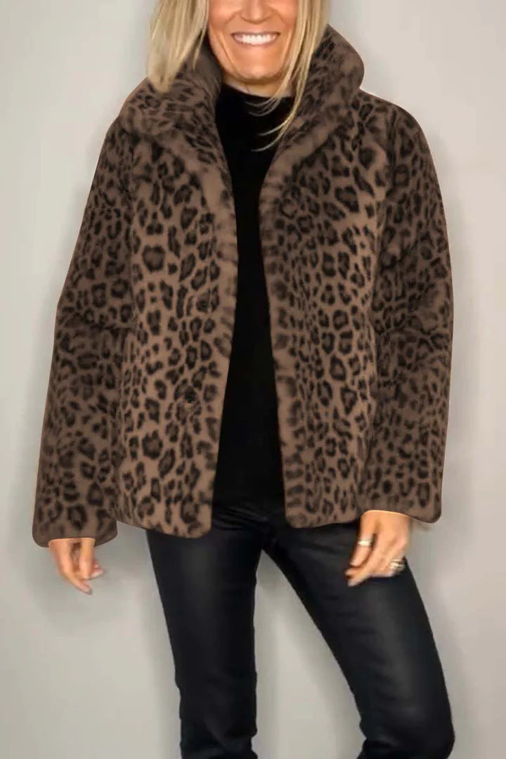 Damen Flauschige Leopardmuster Jacke mit hohem Kragen Drune