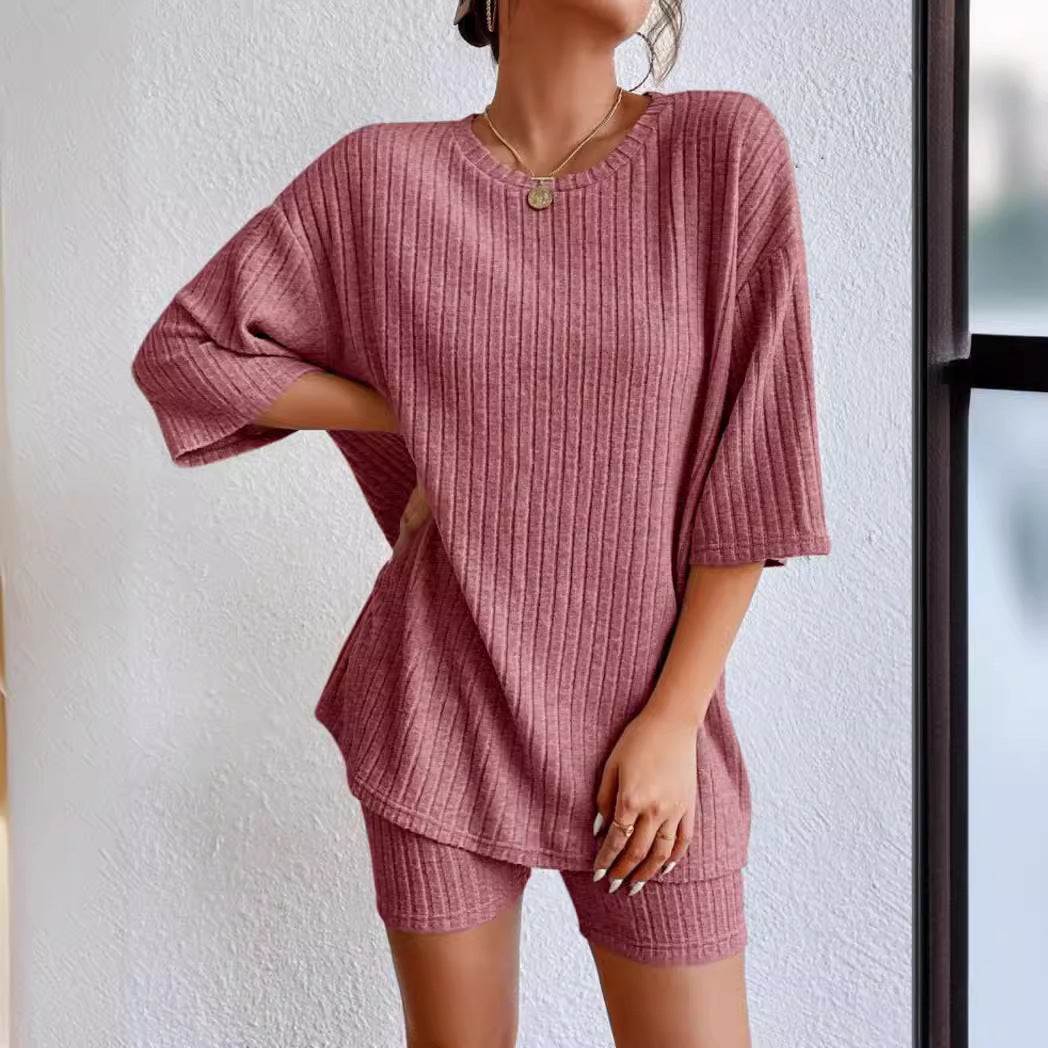 Damen komfortables Kurzarm Set mit Rippstrick und relaxed Schnitt Drune