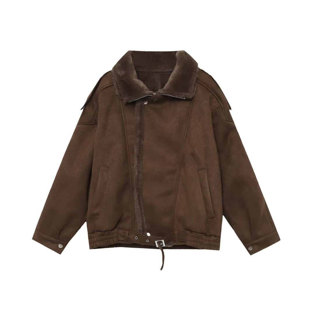 Damen Oversized Aviator-Jacke mit Teddyfutter, Stehkragen und Taillenriegel Drune