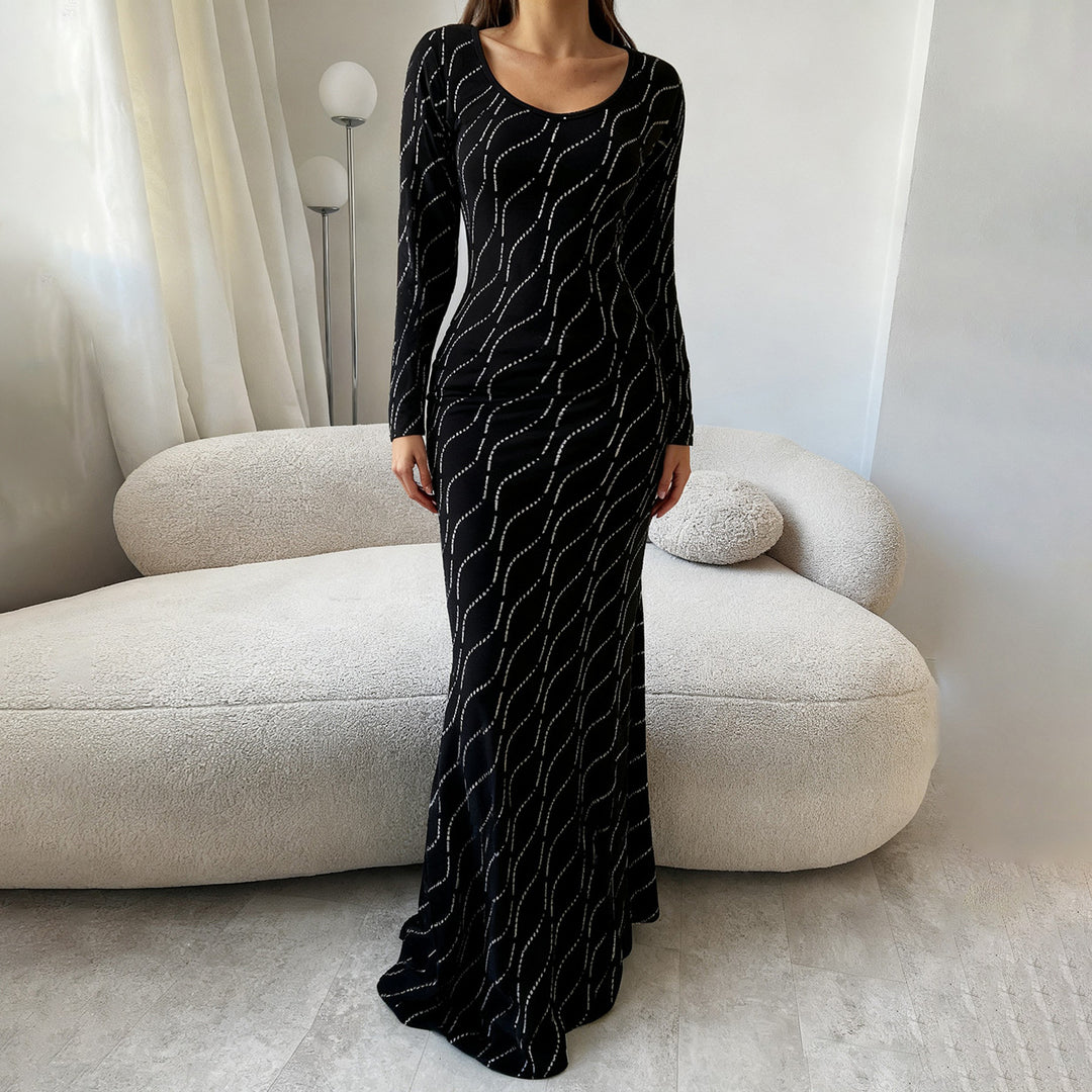 Damen nan langärmeliges Bodycon-Mermaid-Abendkleid mit Wellen-Strassbesatz Drune