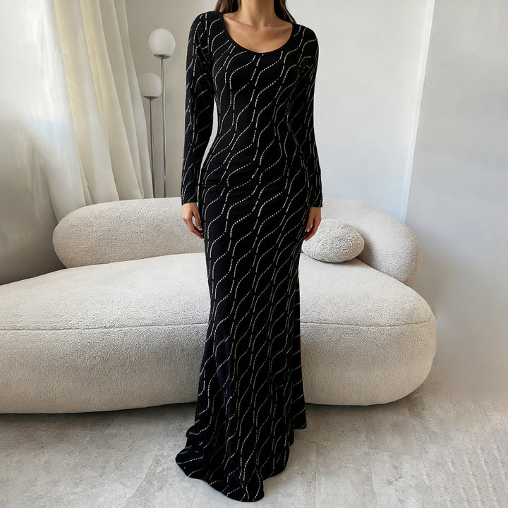 Damen nan langärmeliges Bodycon-Mermaid-Abendkleid mit Wellen-Strassbesatz Drune