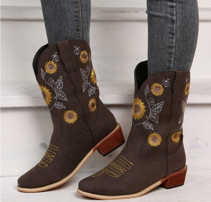 Damen Cowboy-Stiefel mit floralem Stickdesign und robustem Blockabsatz Drune