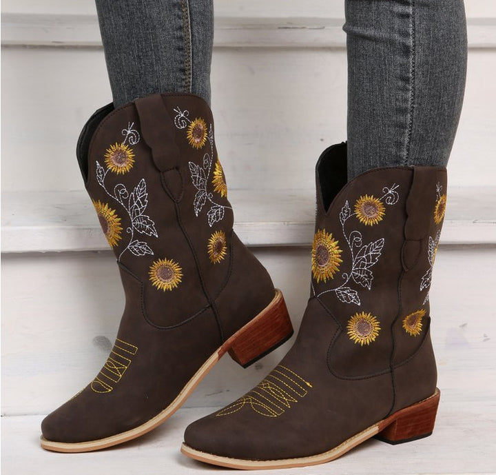 Damen Cowboy-Stiefel mit floralem Stickdesign und robustem Blockabsatz Drune