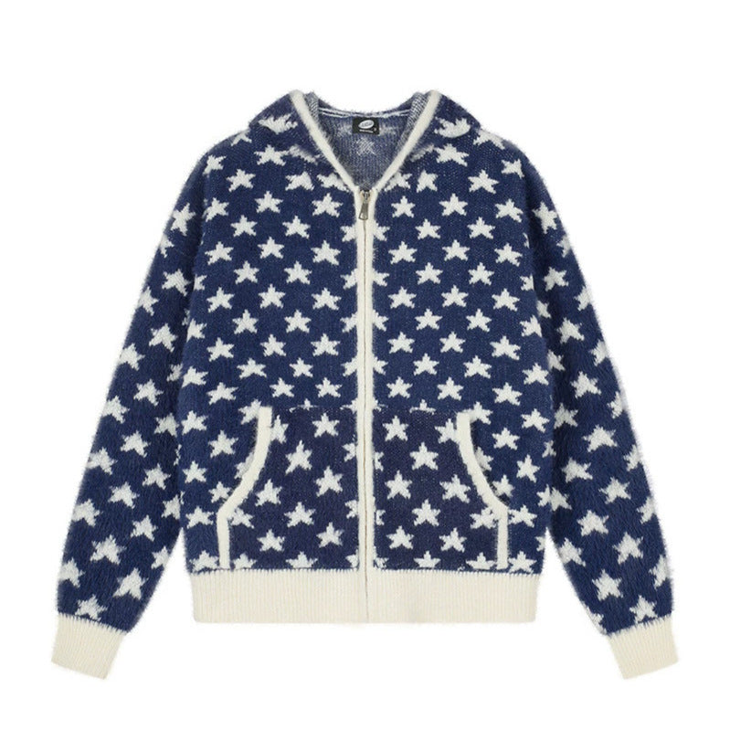 Damen Flauschige Strick-Zipjacke mit Allover-Sternmuster, Kängurutaschen und Rippbündchen Drune