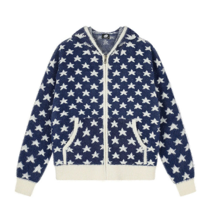 Damen Flauschige Strick-Zipjacke mit Allover-Sternmuster, Kängurutaschen und Rippbündchen Drune