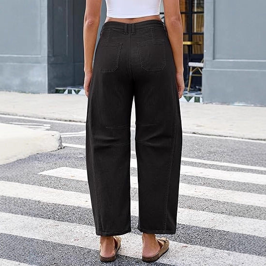 Damen weite Jeans mit hohen Taillenschnitt und praktischen Taschen Drune