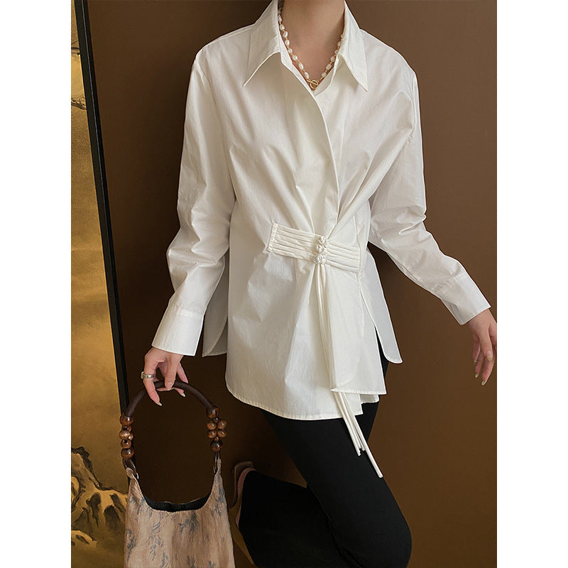 Damen Wickelbluse mit dekorativen Knopfdetails und elegantem Bindeband Drune