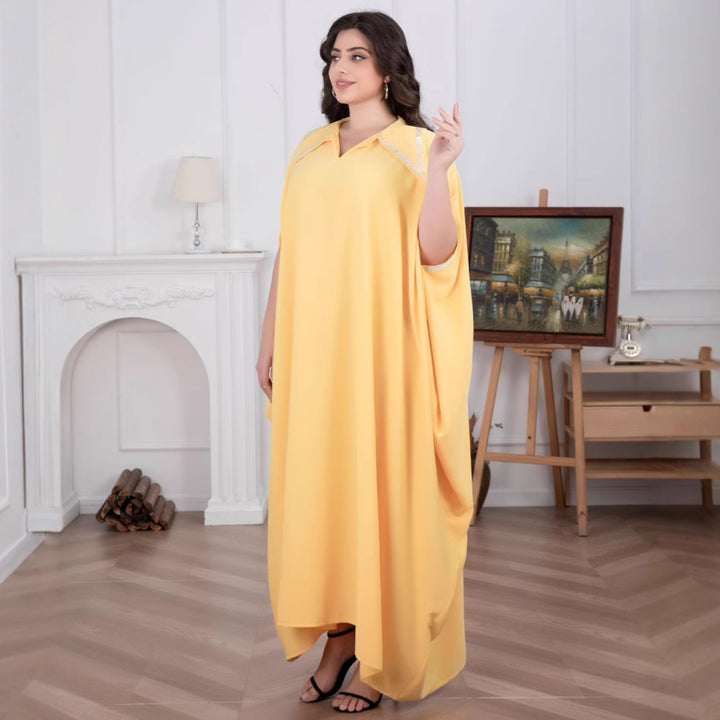 Damen Elegante locker fallende Kaftan-Maxikleid mit Schlitzärmeln und Kragen Drune