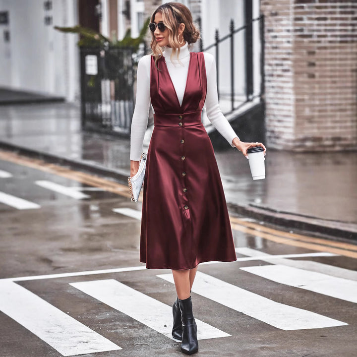 Damen elegantes Midikleid mit knöpfbarem Detail und tailliertem Schnitt Drune
