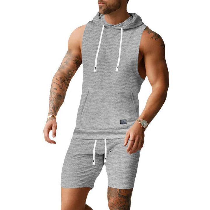 Herren nan ärmelloses Kapuzenweste-Set aus strukturiertem Baumwollmix mit Kängurutasche und Tunnelzug-Shorts Drune