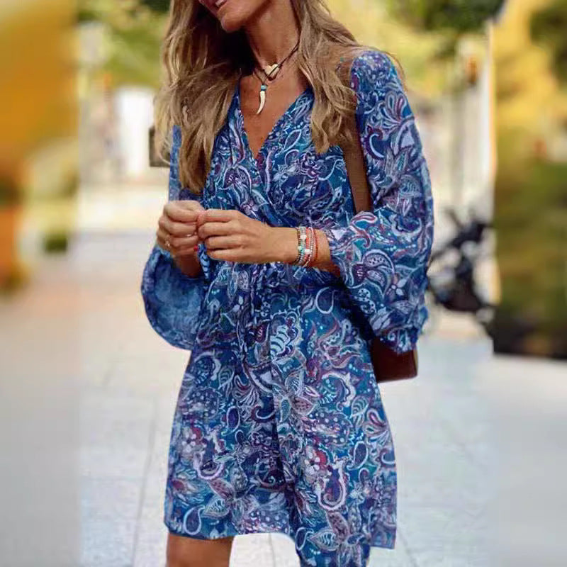 Frauen Boho Mini Kleid mit Paisley-Druck, V-Ausschnitt, gebundenem Gürtel und Ballonärmeln Drune