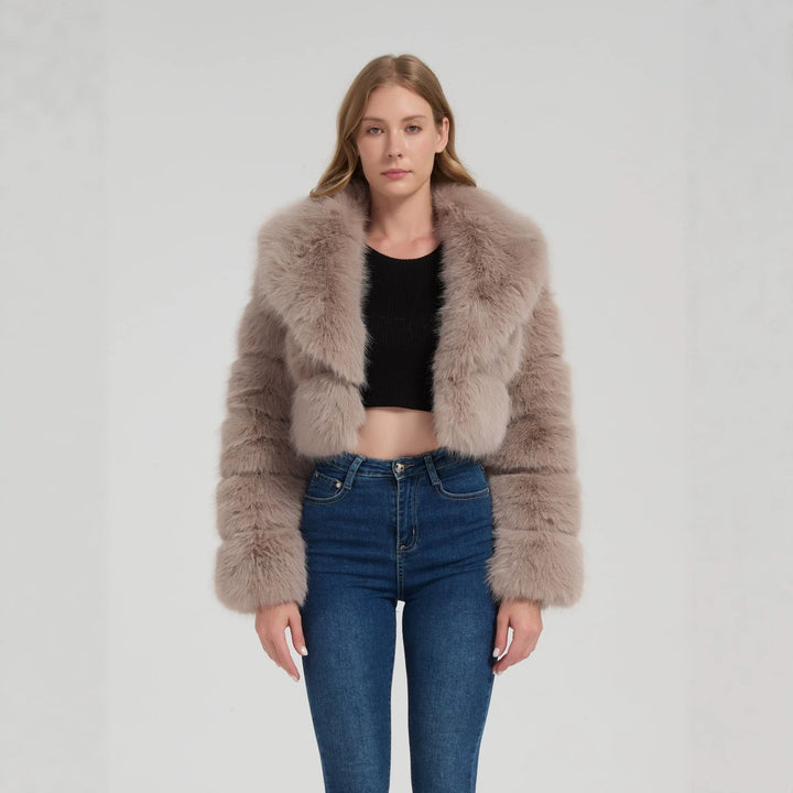 Damen Kurz geschnittene Kunstpelz‑Bolerojacke mit voluminösem Schalkragen Drune