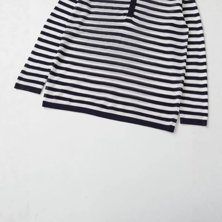 Damen Langarm-Shirt mit Knopfleiste und maritimen Streifen Drune