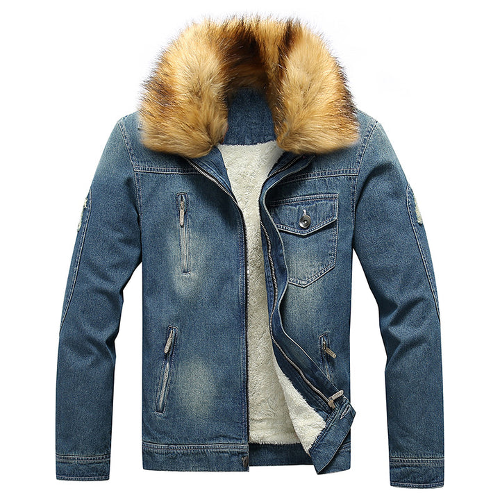 Herren Jeansjacke mit Teddyfutter, Kunstfellkragen und multifunktionalen Reißverschlusstaschen Drune