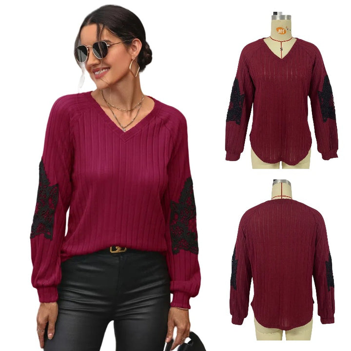 Damen V-Ausschnitt Pullover mit eleganten Spitzenärmeln und Rippstruktur Drune