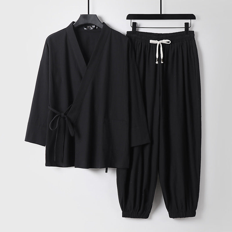 Unisex Entspanntes Kimono-Set mit Wickeljacke, dreiviertelärmeln und elastischer Kordelharemshose Drune