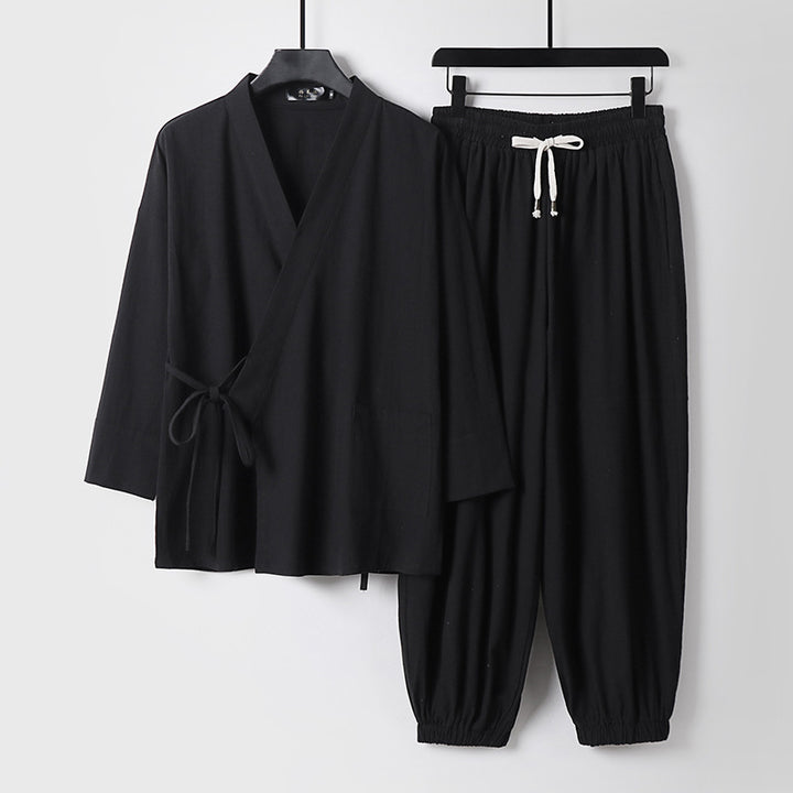 Unisex Entspanntes Kimono-Set mit Wickeljacke, dreiviertelärmeln und elastischer Kordelharemshose Drune