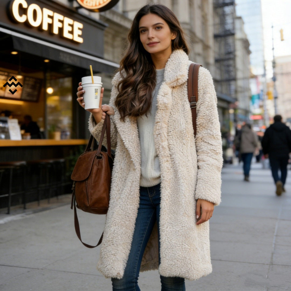 Damen nan kuscheliger Teddy-Mantel mit Oversize-Schnitt und hohem Reverskragen Drune