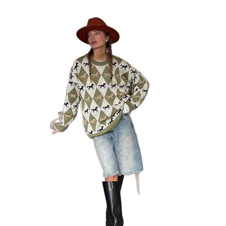 Damen Oversize Strickpullover mit Argyle-Muster und Pferde-Motiv Drune