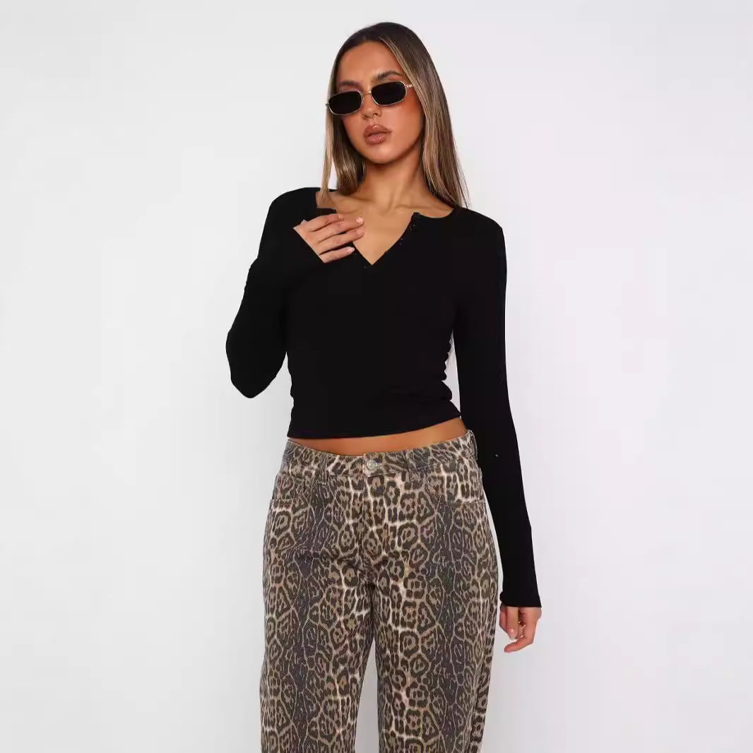 Damen Langarm Crop-Top mit eleganter V-Öffnung und figurbetontem Schnitt Drune