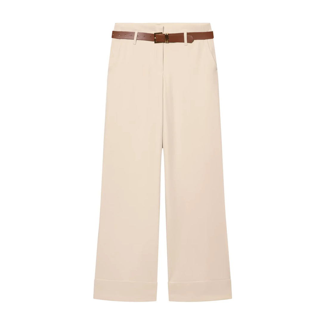 Damen nan Culotte-Hose mit hohem Bund, weitem Bein, breitem Aufschlag und Gürtelpassanten Drune