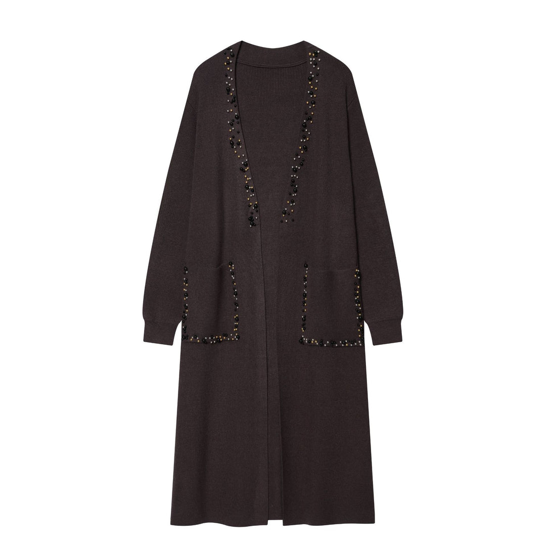 Damen lange offene Strickjacke mit Perlenbesatz und aufgesetzten Taschen Drune