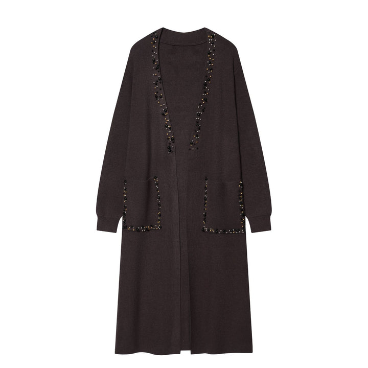 Damen lange offene Strickjacke mit Perlenbesatz und aufgesetzten Taschen Drune