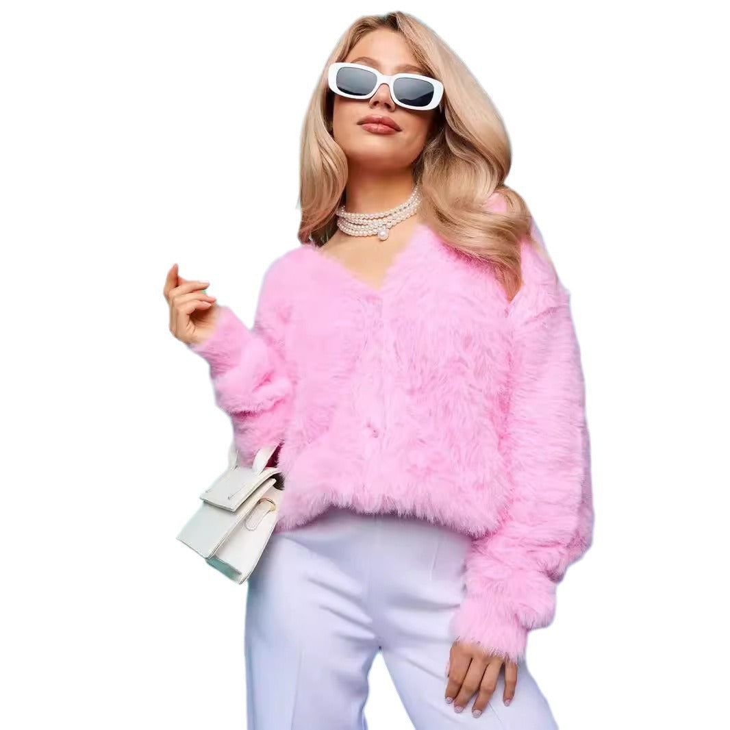 Damen gemütlicher Strickcardigan mit weichem Flauschmaterial und modischem Knopfdetail Drune