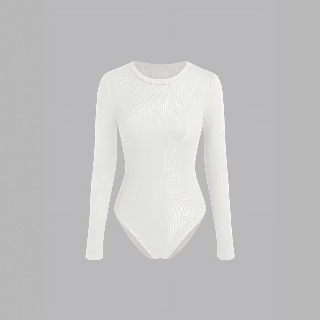 Damen Figurnahes geripptes Langarm-Basicshirt mit Rundhalsausschnitt und Stretch Drune