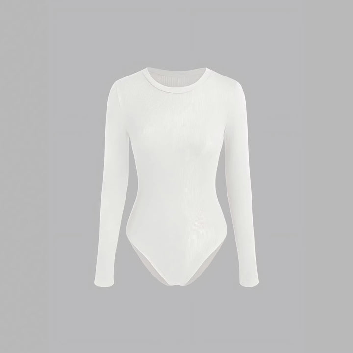 Damen Figurnahes geripptes Langarm-Basicshirt mit Rundhalsausschnitt und Stretch Drune
