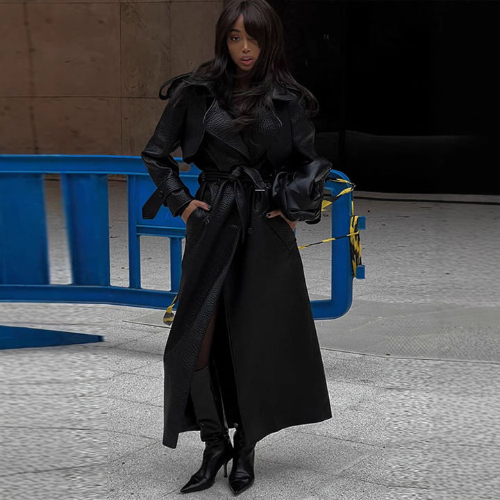 Damen Kunstleder Trenchcoat mit Oberteil und Taillengürtel Drune