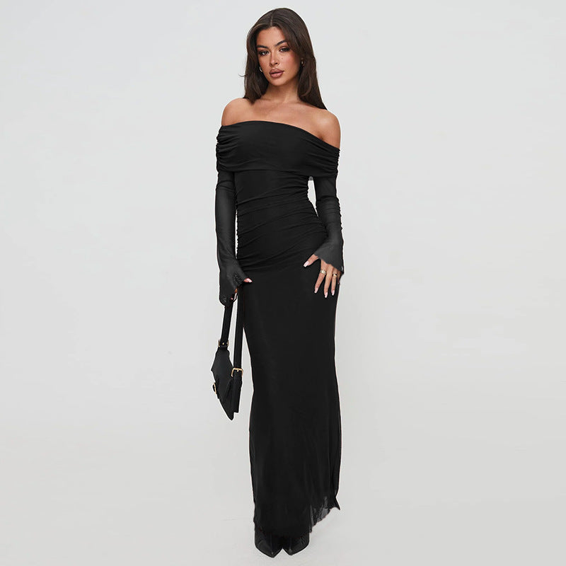 Damen Elegantes Off-Shoulder Maxikleid mit raffiniertem Rüschendesign Drune