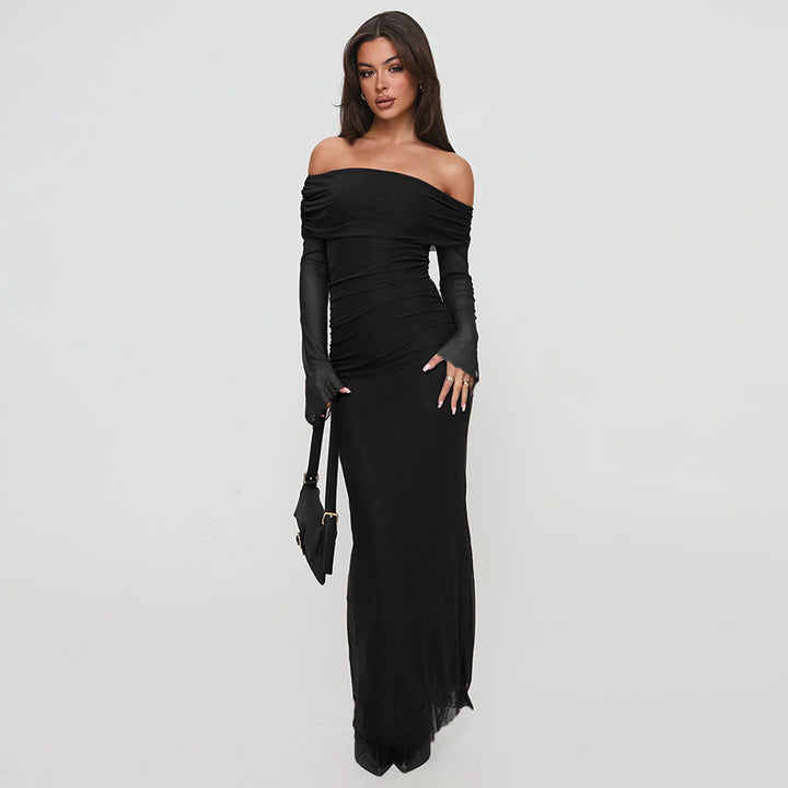 Damen Elegantes Off-Shoulder Maxikleid mit raffiniertem Rüschendesign Drune