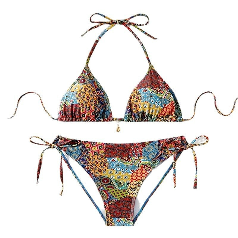 Damen Triangel-Bikini mit auffälligem Muster und verstellbaren Schnürungen Drune