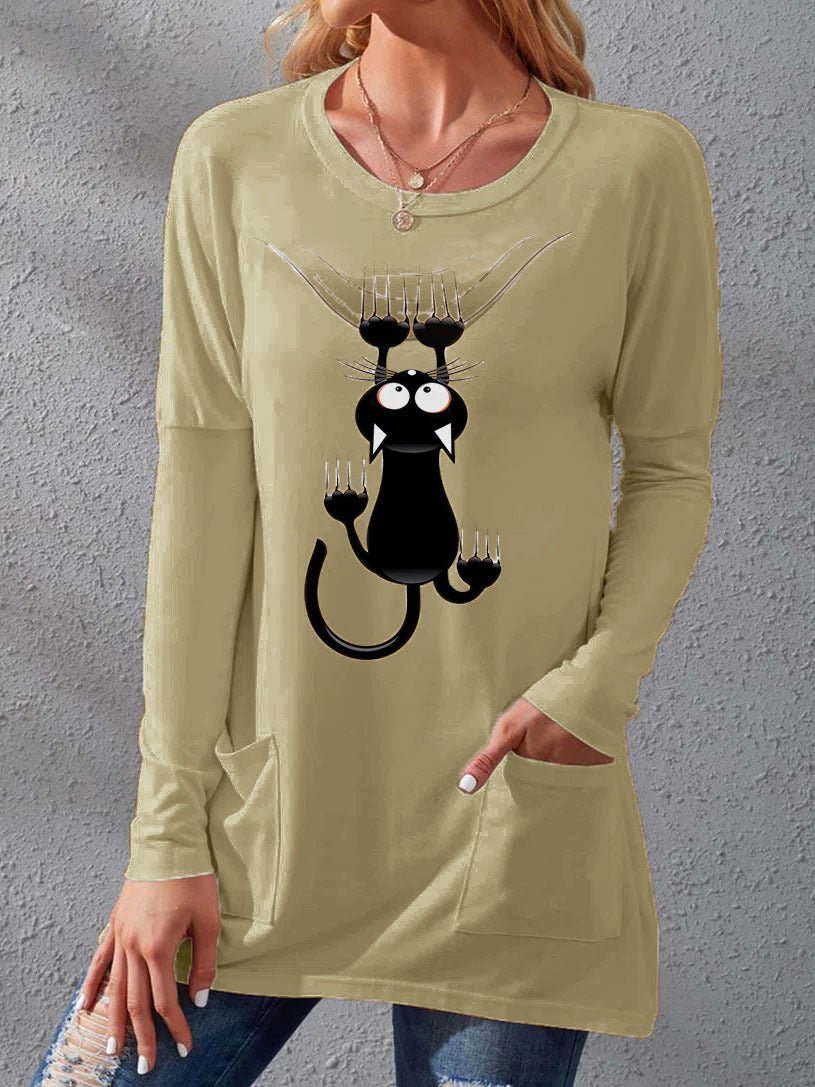 Damen Langere Baumwollmischung Tunika Shirt mit Cartoon-Katzen-Druck und Seitentaschen Drune