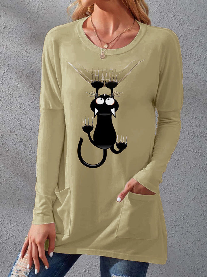 Damen Langere Baumwollmischung Tunika Shirt mit Cartoon-Katzen-Druck und Seitentaschen Drune